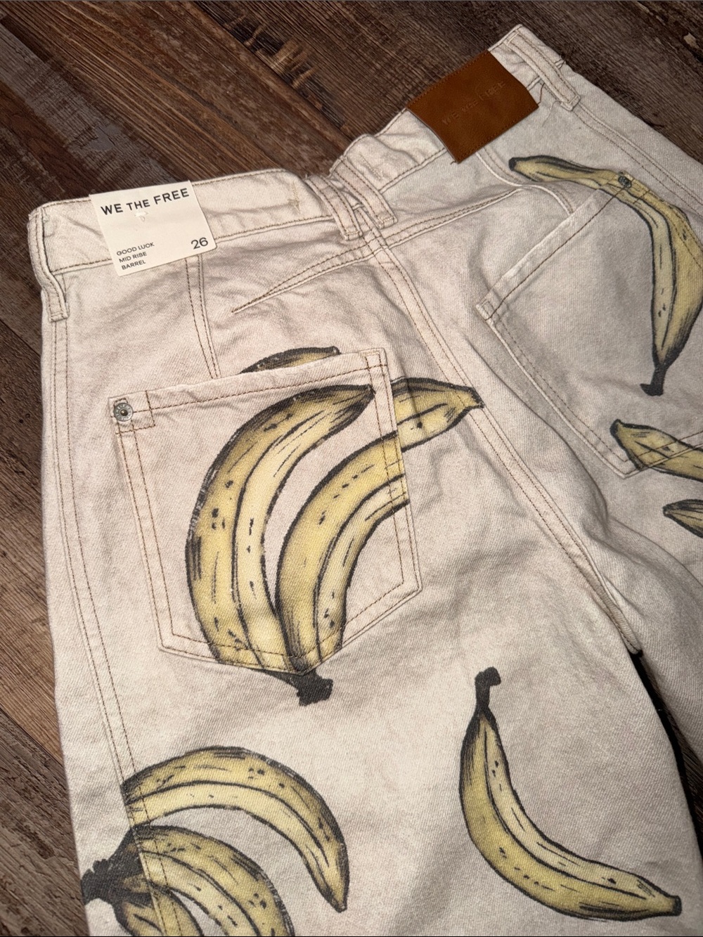 NWT We The Free Cream Denim Barrel Jeans with Yellow Banana Print - Picture 2 of 5